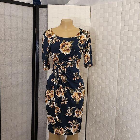 BRAND NEW CONNECTED APPAREL FLORAL COLORBLOCK RUCHED SIDE DESIGN 3/SLEEVE DRESS - Picture 2 of 15